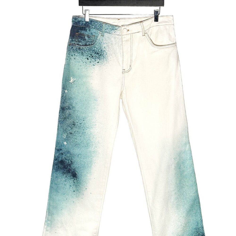Louis Vuitton SS23 Turquoise Spray LV White Denim Jeans